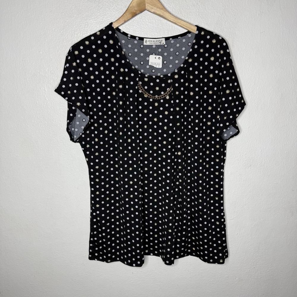 New Jon And Anna Contemporary Black Polkadot Short Sleeve Shirt Women's 3X‎